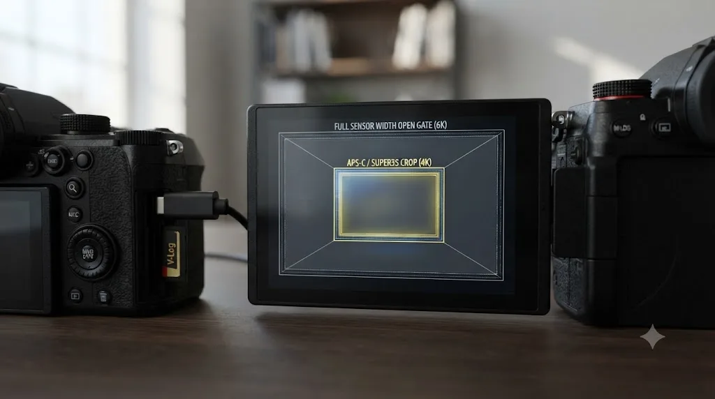 Illustration of a Panasonic S5 II sensor diagram comparing full sensor open gate coverage to the APS-C Super35 crop mode