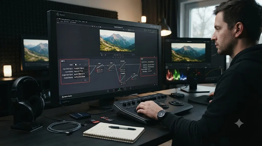 Illustration of a DaVinci Resolve node graph with two Color Space Transform nodes converting Panasonic S5 II V-Log footage to Rec.709 output