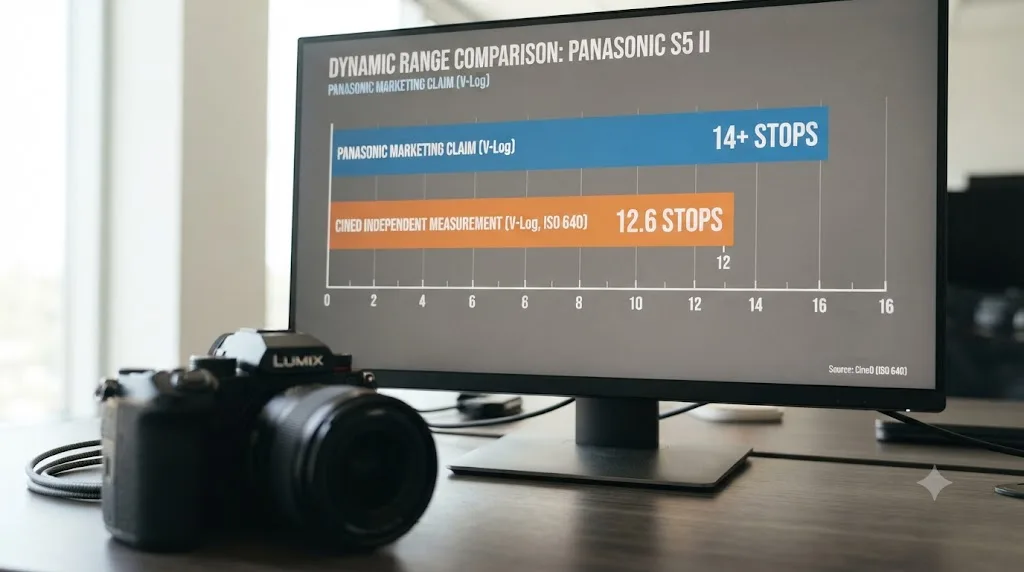 Illustration comparing marketed and independently measured dynamic range for Panasonic S5 II V-Log footage