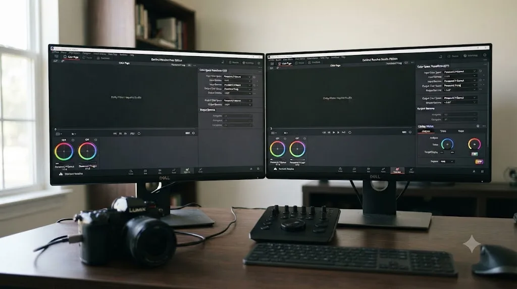 Illustration comparing DaVinci Resolve free and Studio editions, showing identical Color Space Transform tools and Studio-only Dolby Vision options