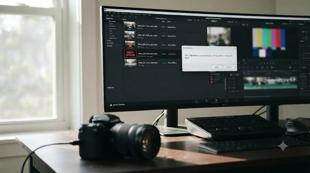 Illustration of a DaVinci Resolve Media Pool clip labeled Media Offline next to a Windows HEVC codec installation prompt