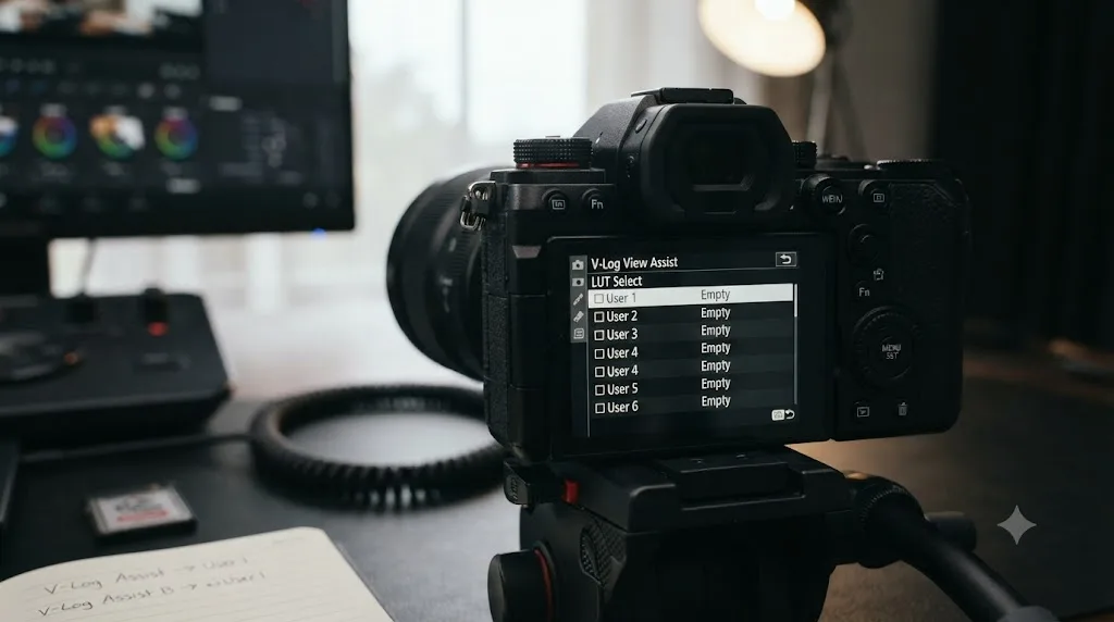Illustration of a Panasonic S5 II touchscreen showing the V-Log View Assist menu with empty LUT slots
