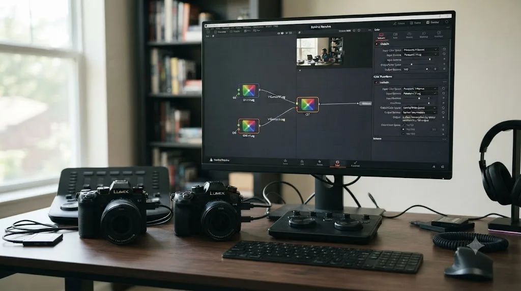 Illustration of a Panasonic S5 II and a Panasonic GH6 both feeding V-Gamut V-Log footage into the same DaVinci Resolve Color Space Transform node
