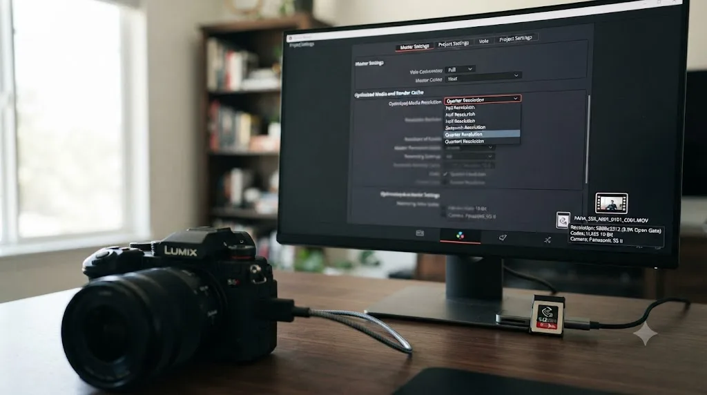Illustration of a DaVinci Resolve Optimized Media settings panel next to a 5.9K open gate file icon from a Panasonic S5 II