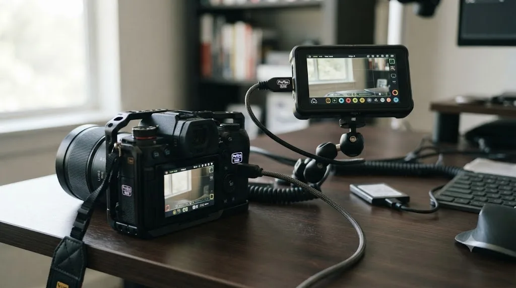 Illustration of a Panasonic S5 II connected to an Atomos Ninja V external recorder outputting ProRes RAW over HDMI