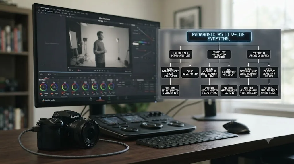Illustration of a troubleshooting decision tree matching Panasonic S5 II V-Log footage symptoms in DaVinci Resolve to their causes