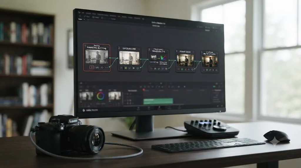 Illustration of a five-node DaVinci Resolve node graph taking Panasonic S5 II V-Log footage from Log source to finished Rec.709 grade