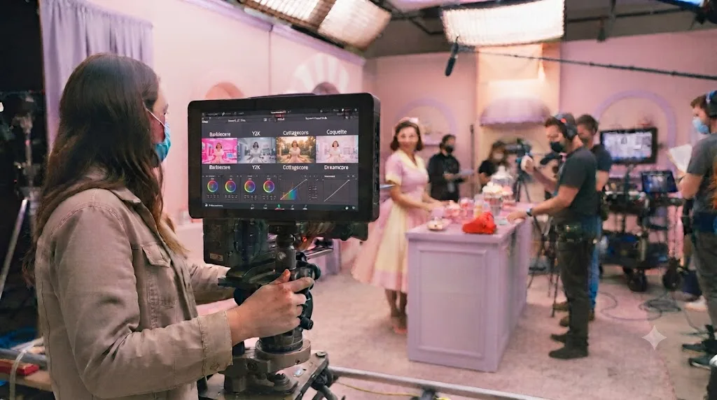 Illustration comparing Barbiecore, Y2K, cottagecore, coquette, and dreamcore color grading variants in DaVinci Resolve