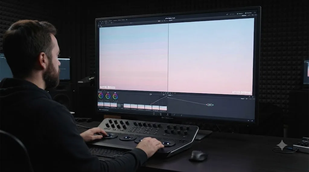 Illustration comparing visible banding in a pastel-graded sky to the same sky after debanding in DaVinci Resolve