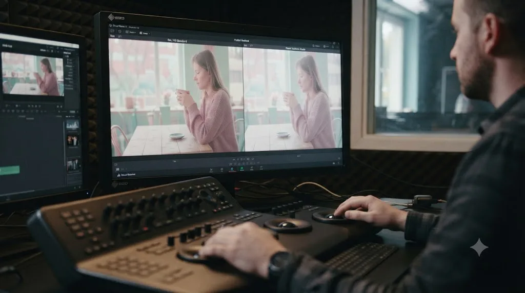 Illustration comparing a standard color grade to a pastel aesthetic grade in DaVinci Resolve