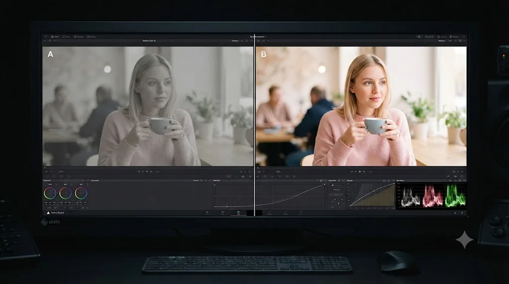 Illustration comparing a washed-out grading mistake to a correctly balanced pastel color grade