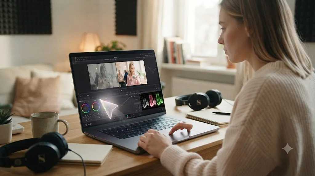Illustration of an on-screen assistant pointing at a control while a colorist works in DaVinci Resolve