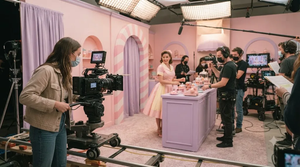 Illustration of a pastel-toned film set inspired by candy-color production design
