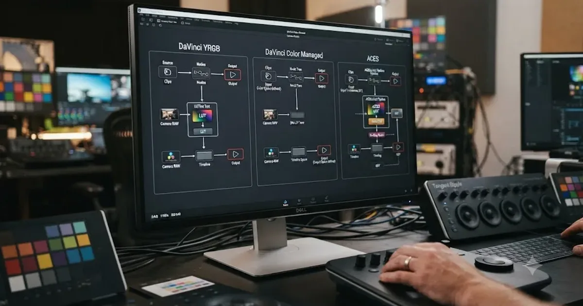 Illustration of a DaVinci Resolve timeline with a moving audio waveform and a black video viewer