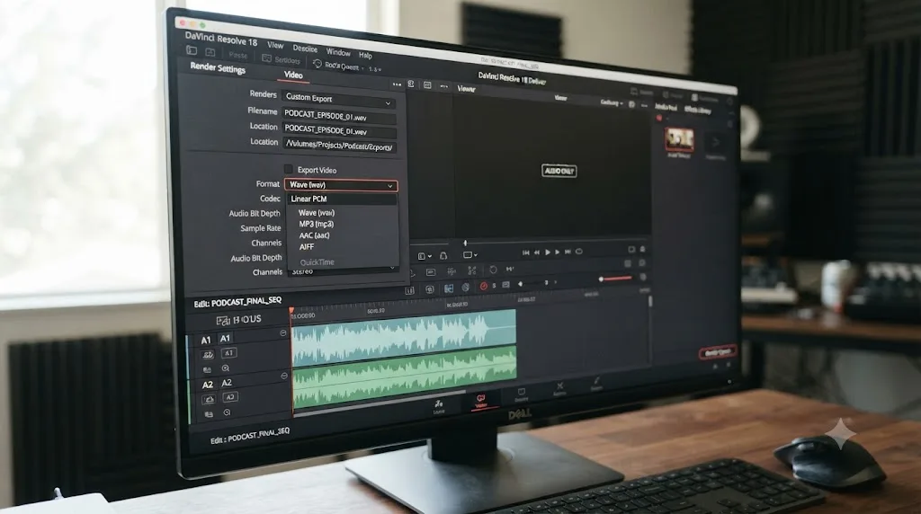 Illustration of the DaVinci Resolve Deliver page with Export Video unchecked for an audio-only podcast export