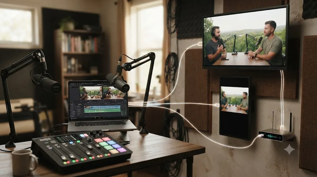 Illustration of a podcast episode branching into a full video export, a vertical clip, and an audio-only RSS file