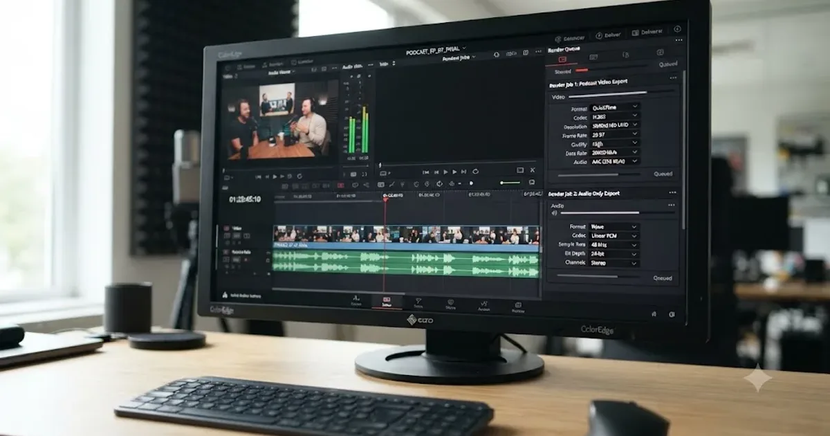 Illustration of the DaVinci Resolve Deliver page configured for a podcast video export