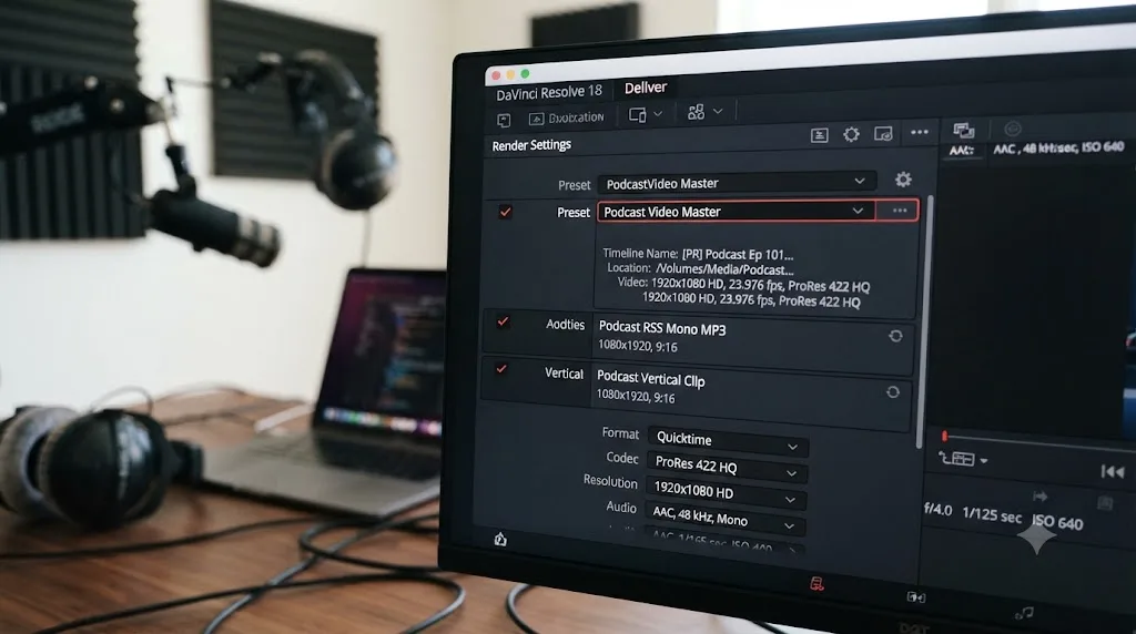 Illustration of three custom DaVinci Resolve export presets saved for a recurring podcast workflow