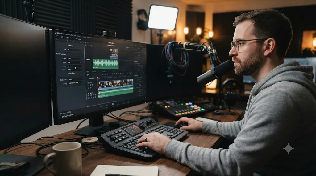 Illustration comparing DaVinci Resolve free and Studio capabilities against podcast video export requirements
