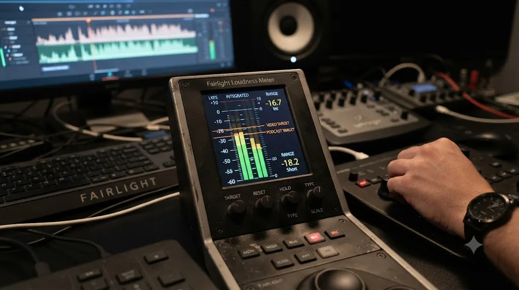 Illustration of a DaVinci Resolve Fairlight Loudness Meter showing separate -14 and -16 LUFS targets for video and audio podcast exports
