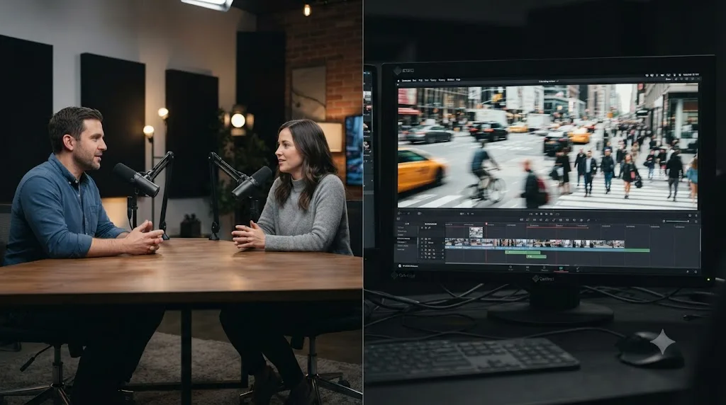 Illustration comparing a locked-off podcast interview to a fast-paced b-roll edit for encoding complexity