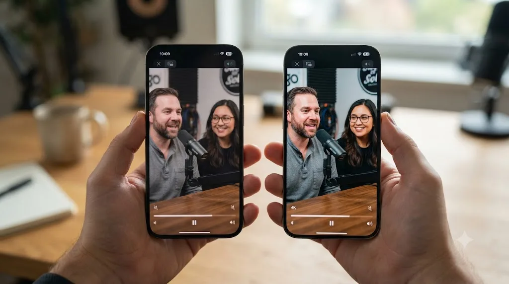 Illustration comparing a podcast video export at 1080p and 4K at typical viewing scale