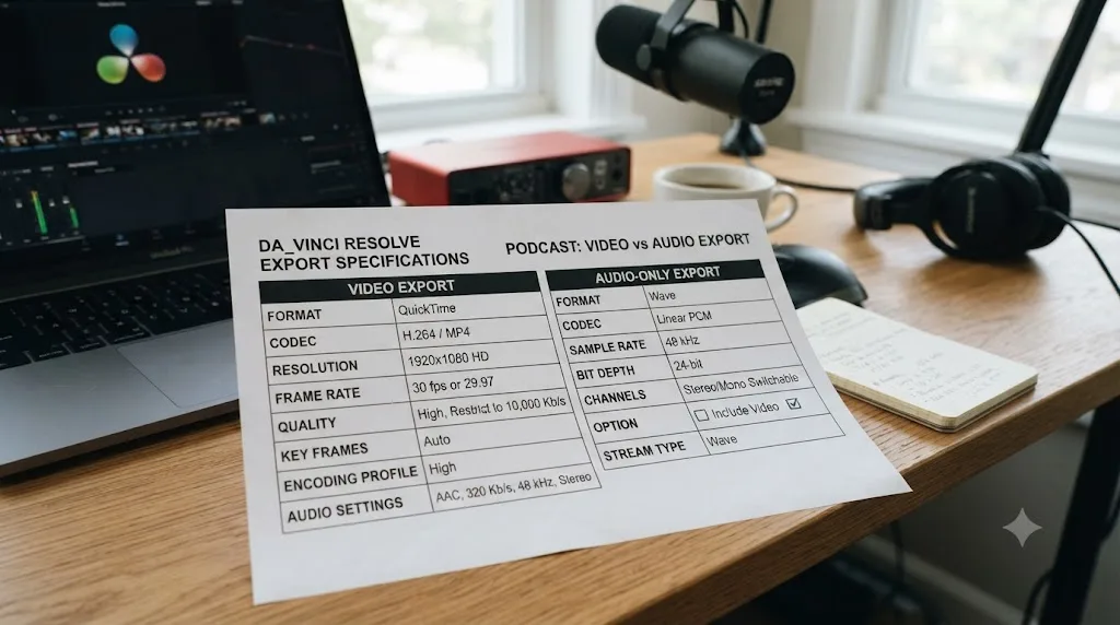 Illustration of a settings sheet comparing DaVinci Resolve video and audio-only podcast export specifications
