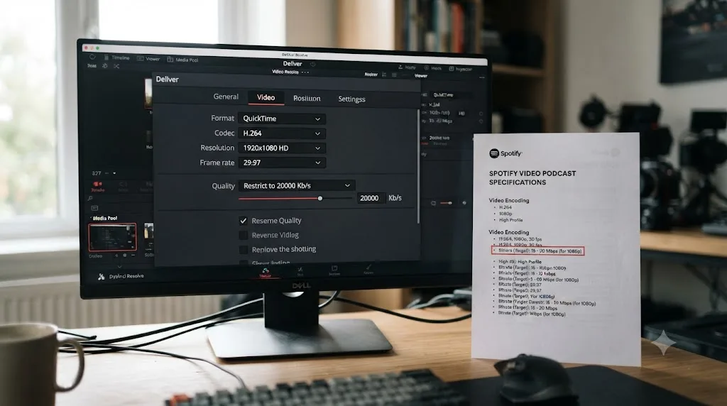 Illustration of the DaVinci Resolve Deliver page bitrate setting compared against Spotify's video podcast spec