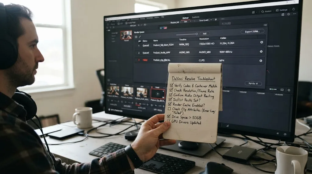 Illustration of a troubleshooting checklist overlaid on a DaVinci Resolve render queue with podcast export jobs