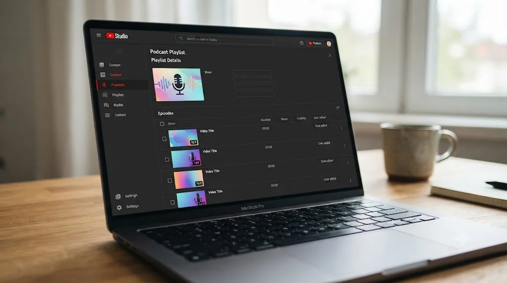 Illustration of a YouTube Studio podcast playlist showing a square show thumbnail and 16:9 episode thumbnails
