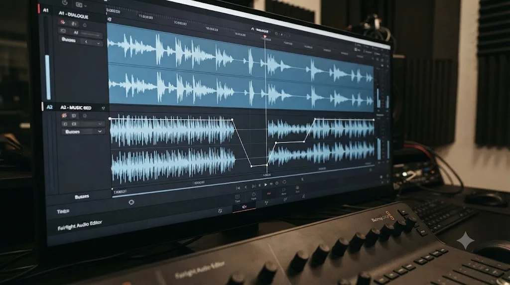 Illustration of keyframed audio ducking under dialogue in DaVinci Resolve Fairlight