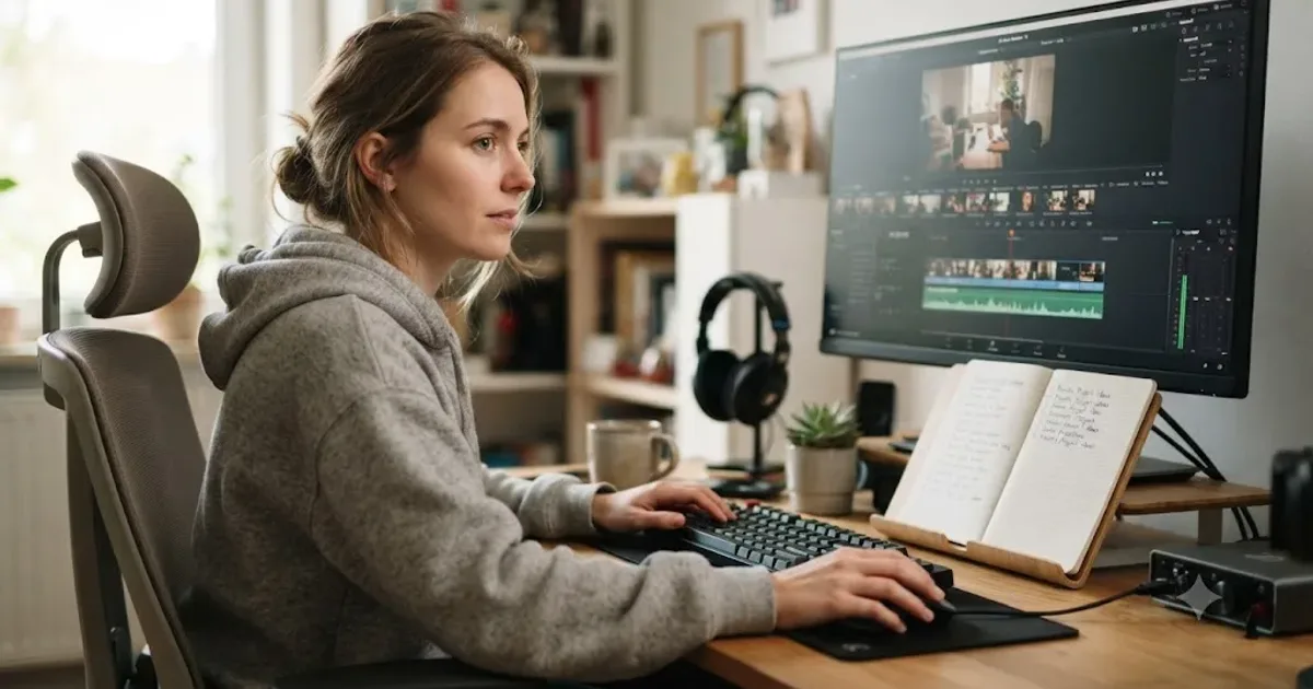Illustration of a beginner working through a series of small practice projects in DaVinci Resolve