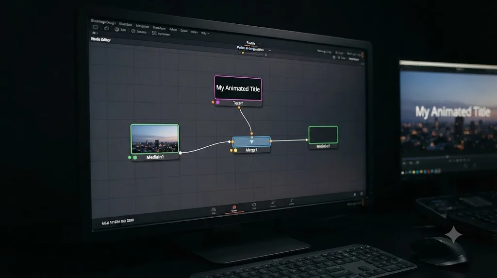 Illustration of a basic animated title built with Fusion nodes in DaVinci Resolve