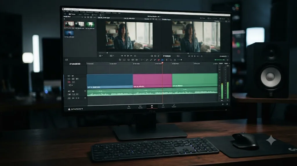 Illustration of a simple three-clip hard-cut timeline in DaVinci Resolve
