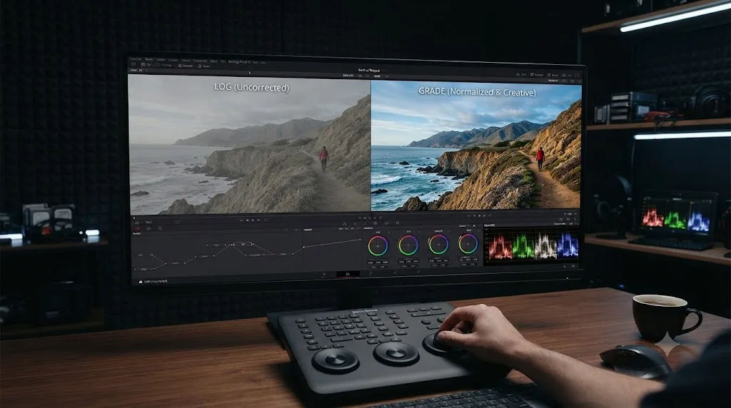 Illustration of normalizing and grading a log-profile clip in DaVinci Resolve