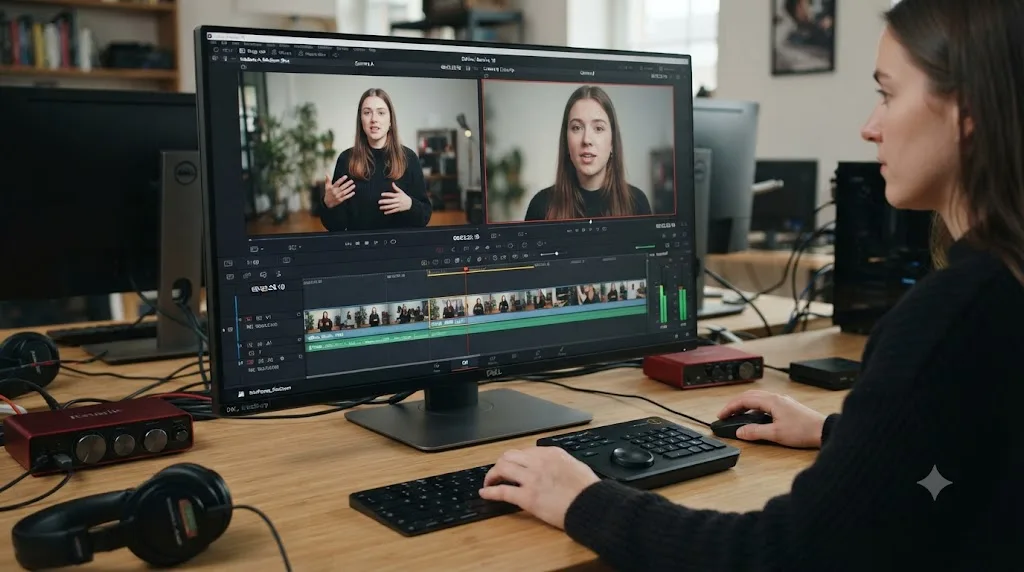 Illustration of a simulated multicam edit using two synced takes in DaVinci Resolve