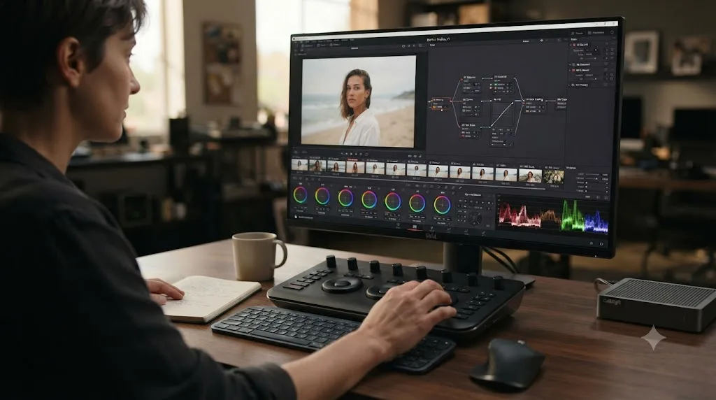 Illustration of grading a batch of still photos on DaVinci Resolve 21's Photo page