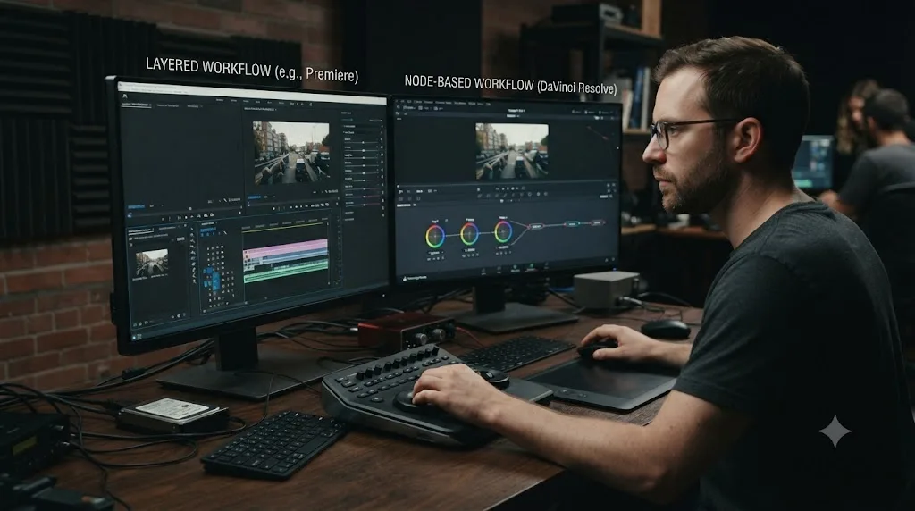 Illustration comparing a layered color panel to DaVinci Resolve's node-based color system for editors switching from other software