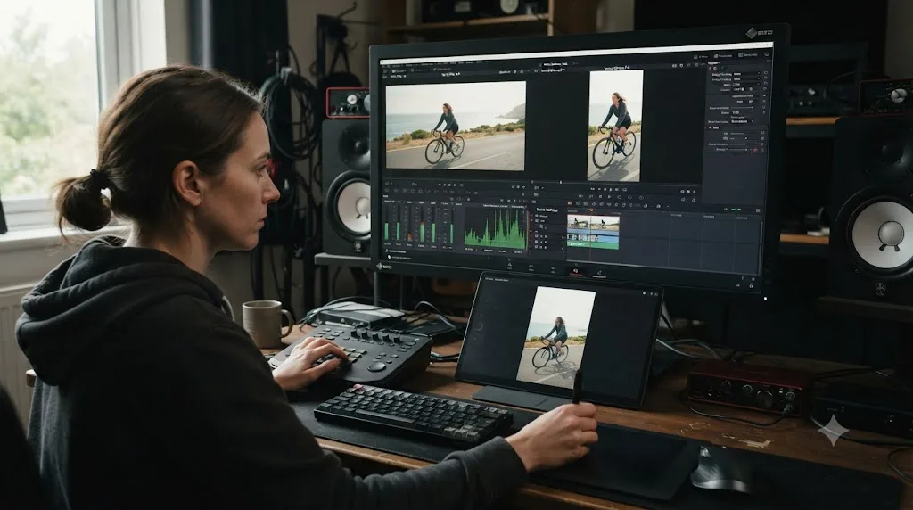 Illustration of reframing a horizontal clip to vertical video in DaVinci Resolve