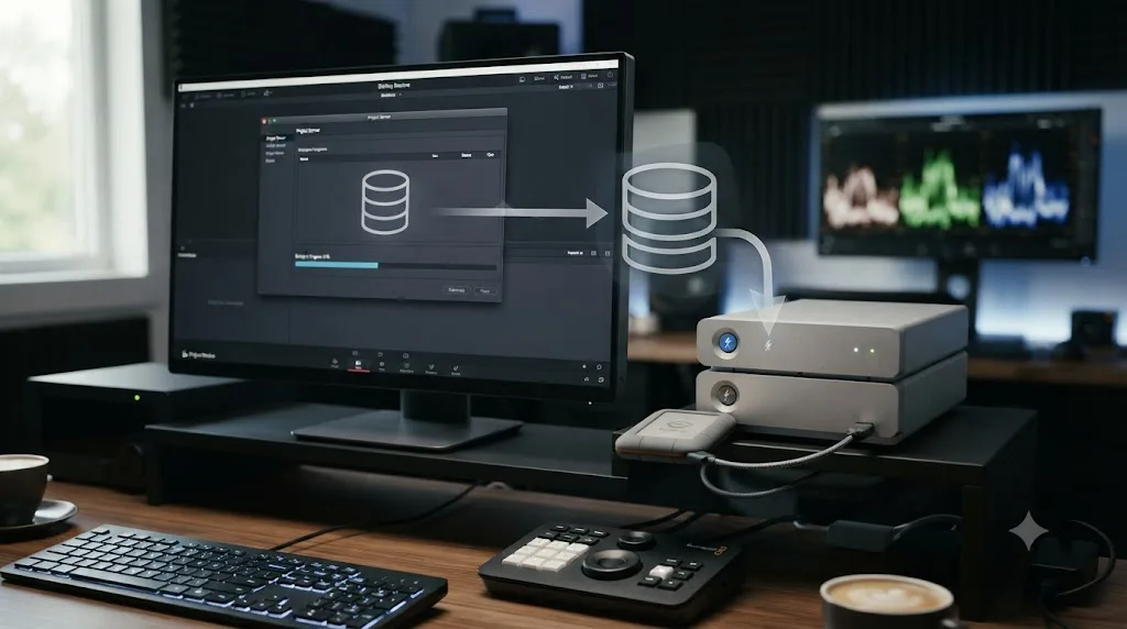 Illustration of a DaVinci Resolve Project Server database being backed up to a separate drive