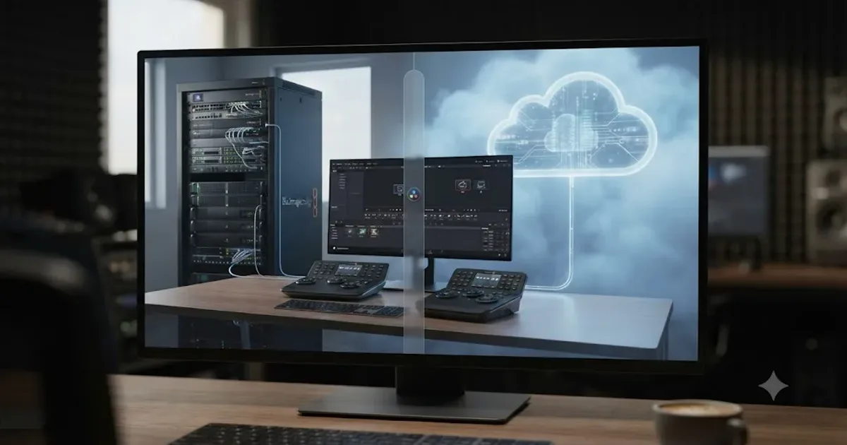 Illustration of two DaVinci Resolve workstations connected by a local network cable on one side and a cloud icon on the other