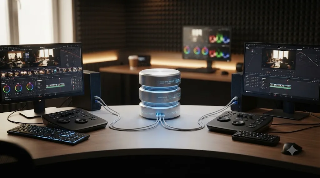 Illustration of a shared PostgreSQL database connecting three DaVinci Resolve workstations on a local network