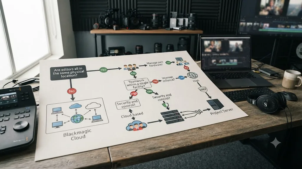 Illustration of a decision tree comparing DaVinci Resolve Project Server and Blackmagic Cloud collaboration