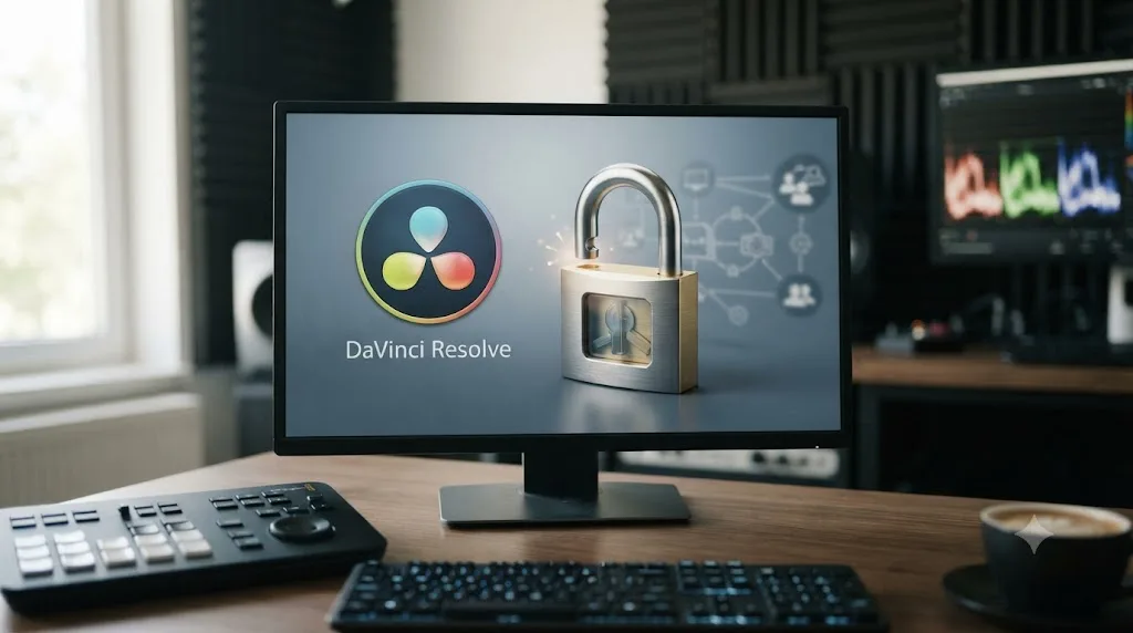 Illustration of a lock opening beside the free DaVinci Resolve logo to represent unlocked collaboration features