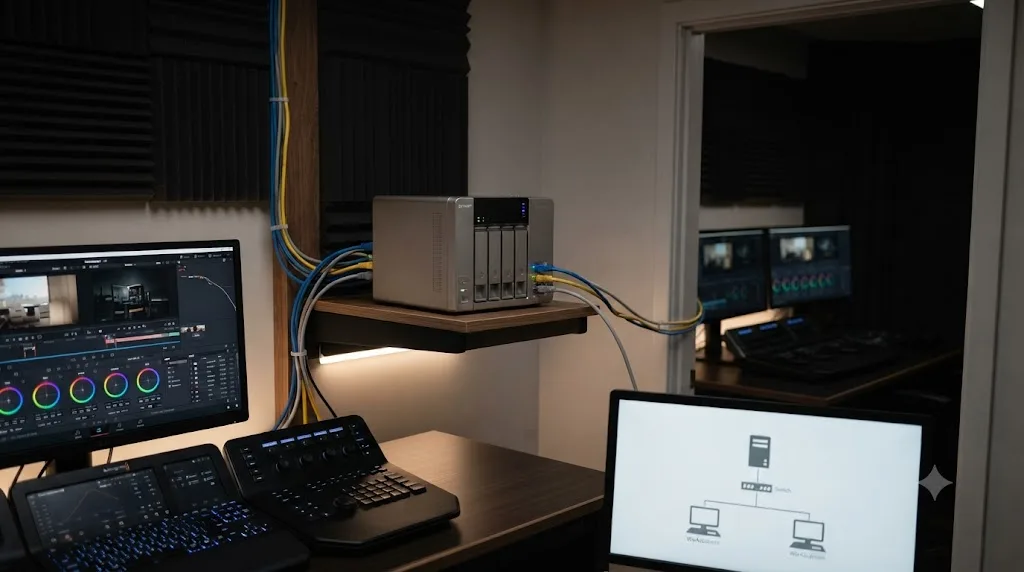Illustration of a compact server machine hosting DaVinci Resolve's Project Server in a small edit bay
