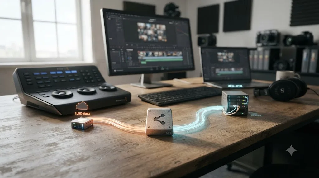Illustration of DaVinci Resolve media files routed separately to local storage and cloud storage
