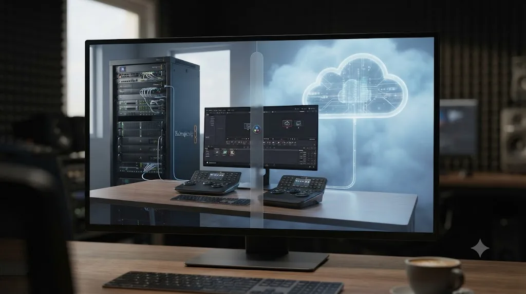Illustration of DaVinci Resolve Project Server and Blackmagic Cloud collaboration shown side by side
