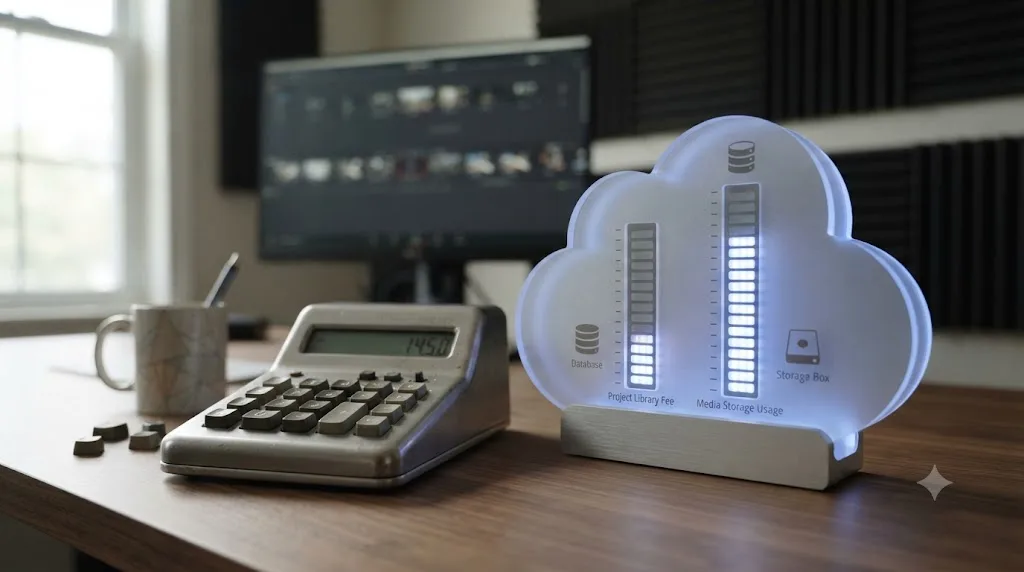 Illustration of the two Blackmagic Cloud cost components, project library fee and media storage, shown as separate meters