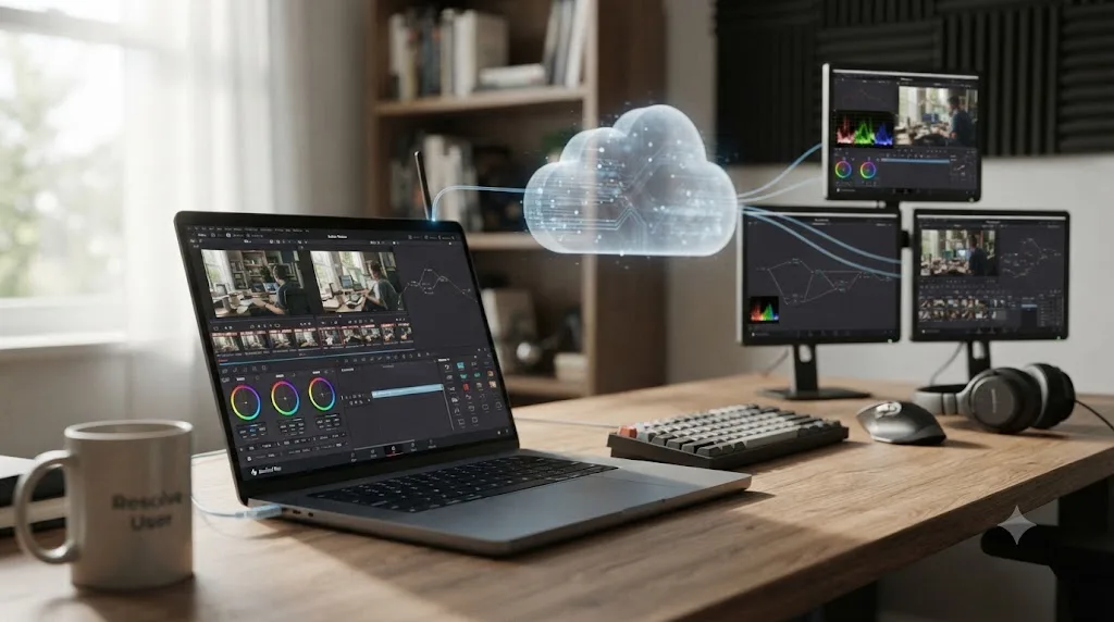 Illustration of a remote editor connecting to a DaVinci Resolve project through Blackmagic Cloud