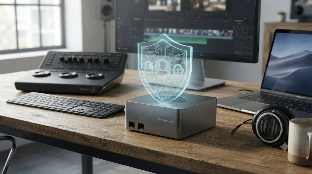 Illustration of a security shield over a Blackmagic Cloud project library representing per-user access control